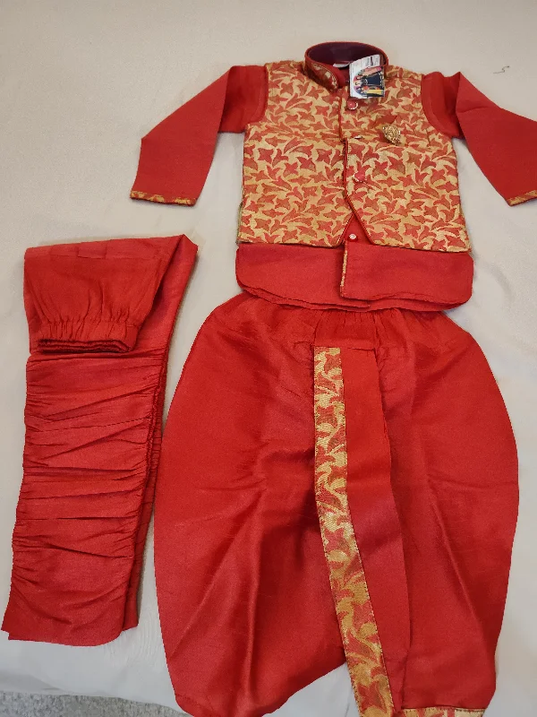 Trendy Boys Red Color Silk Cotton Kurta Pajama Pant And Dhoti Style Pant