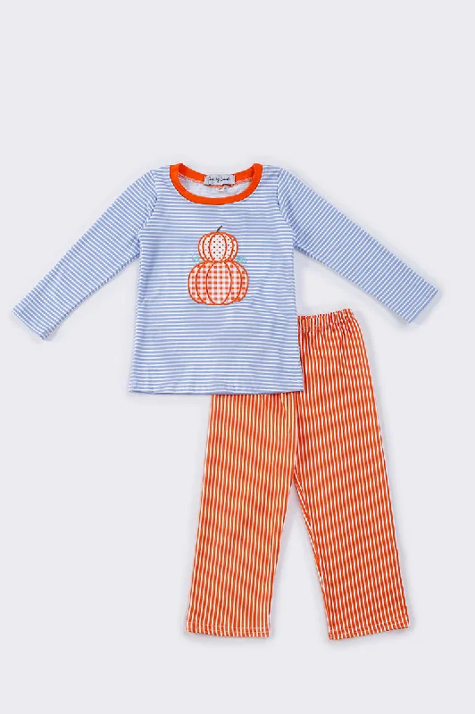 Blue stripe pumpkin applique boy set