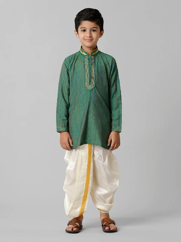 Boys Dark Green Kurta with Cream Art Silk Panchakacham Combo EMD7