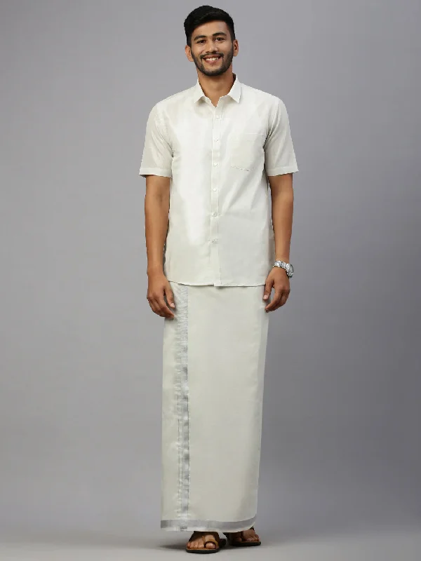 Men Silver Tissue Half Sleeve Shirt with Matching Readymade Single Dhoti Combo