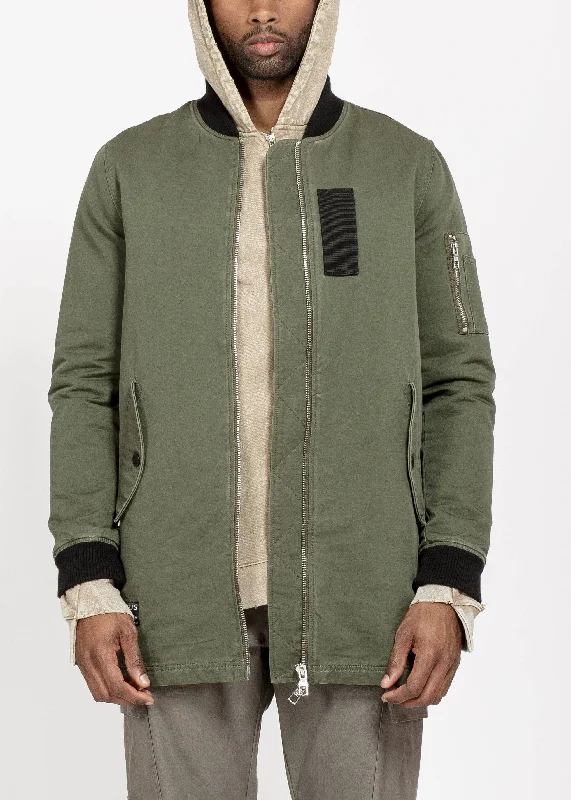 Konus Men's Zip Patch Long Bomber Jacket in Olive