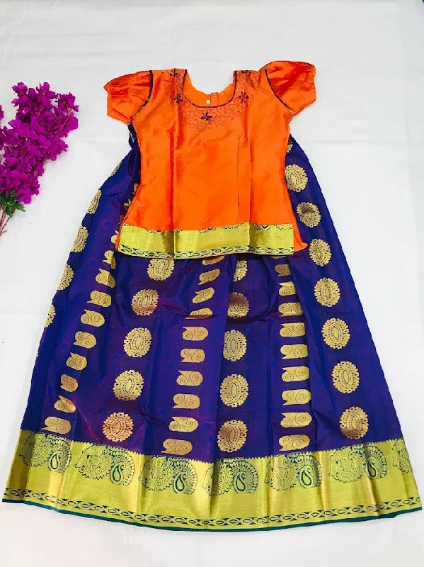 Elegant Orange Colored Langa Set With Embroidery Work On Neck