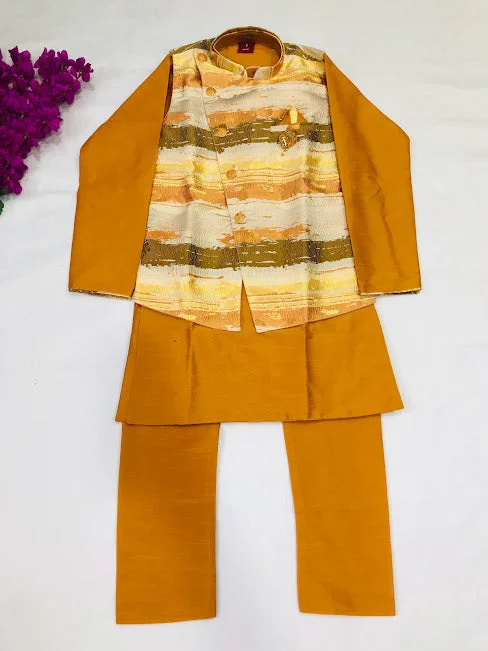 Elegant Ethnic Kids Mustard Yellow Silk Kurta Pajama Set