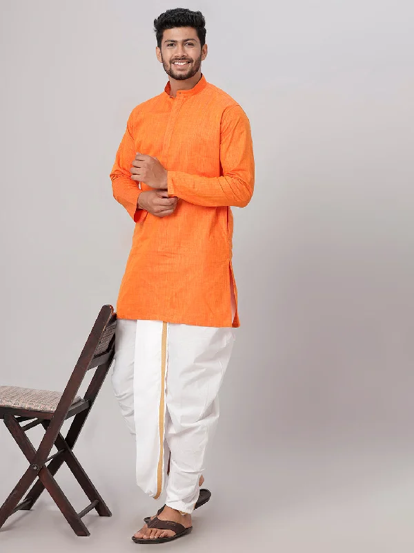 Men Medium Length Kurta with Readymade Elastic White Panchakacham Set FS3