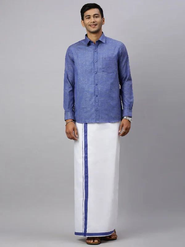 Men Evolution Blue Matching Border Dhoti & Full Sleeves Shirt Set