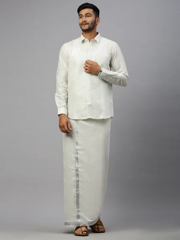 Men Silver Tissue Full Sleeve Shirt with Matching Readymade Single Dhoti Combo