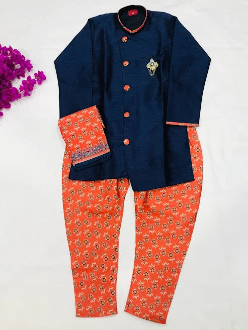 Delightful Dark Blue Colored Kurta With Dhoti Style Pant For Kids