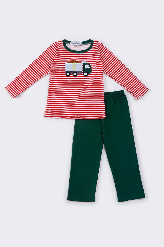 Red stripe truck applique boy set