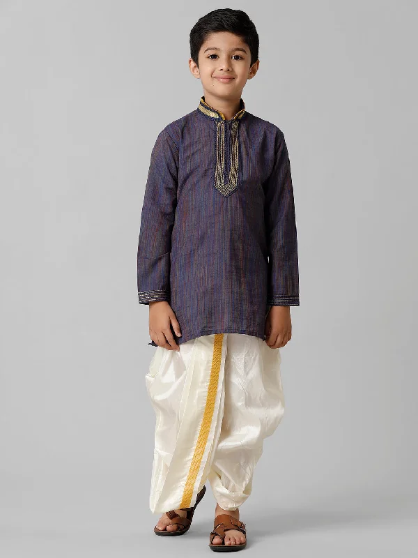 Boys Navy Kurta with Cream Art Silk Panchakacham Combo EMD6