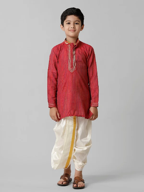 Boys Red Kurta with Cream Art Silk Panchakacham Combo EMD4