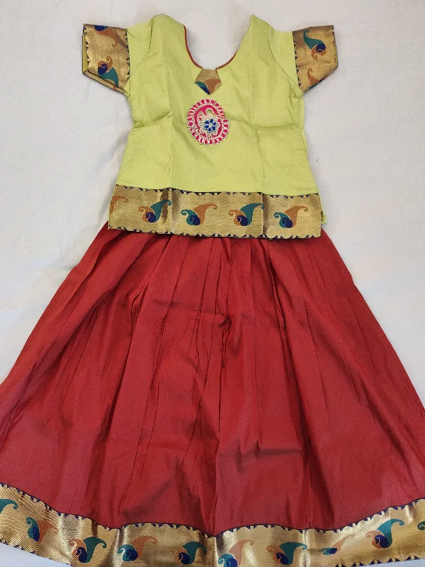 Light Green And Maroon Pattu Langa Set For Kids