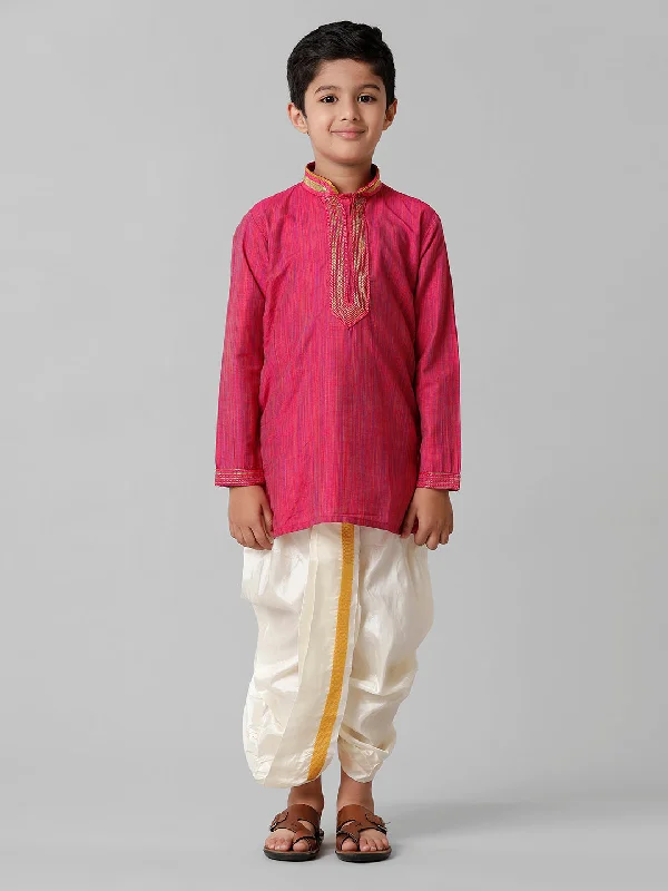 Boys Dark Pink Kurta with Cream Art Silk Panchakacham Combo EMD1