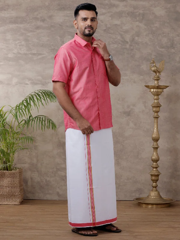 Men Matching Jari Border Dhoti & Shirt Set Half Pink VB3