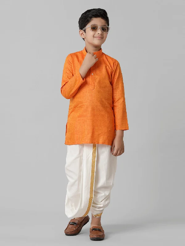 Boys Orange Kurta with Cream Elastic Panchakacham Combo FS3