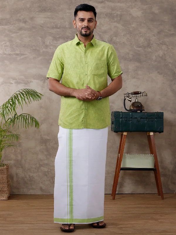 Men Matching Border Dhoti & Shirt Set Half Green C82