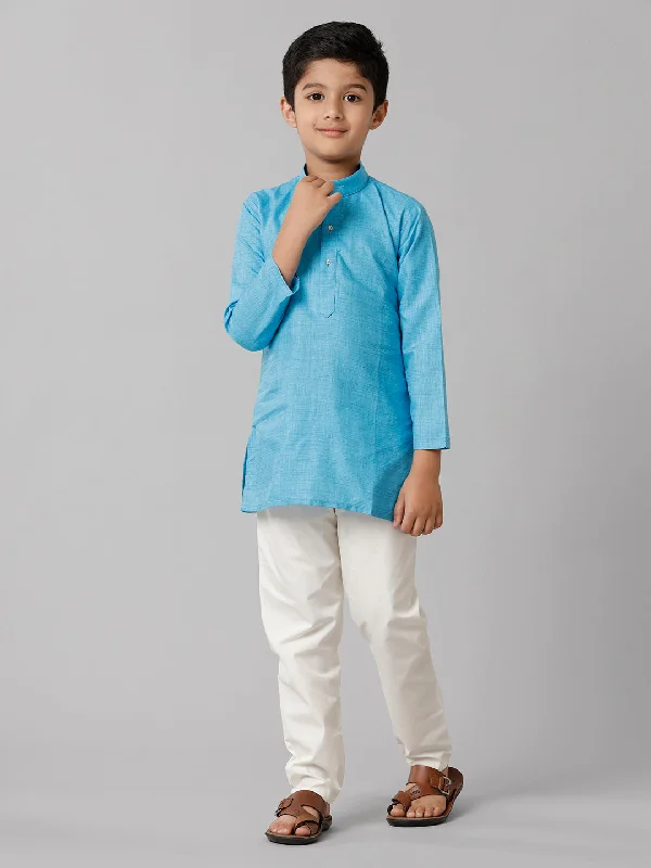 Boys Full Sleeves Sky Blue Kurta with Cream Pyjama Pant Combo FS4