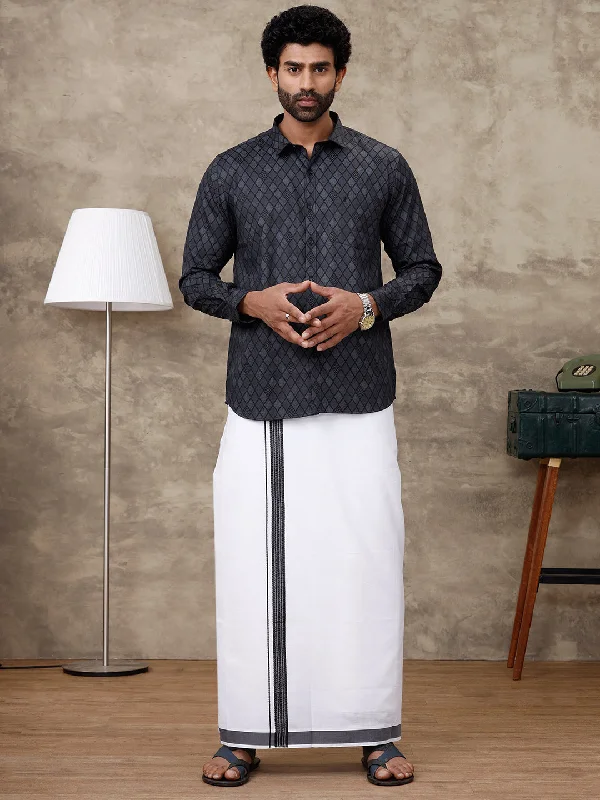 Men Black Matching Border Dhoti With Printed Shirt Set Fusion PS6