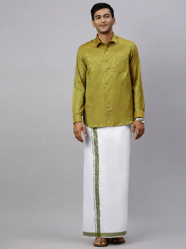 Men Bronze Olive Matching Border Dhoti & Full Sleeves Shirt Set CV8