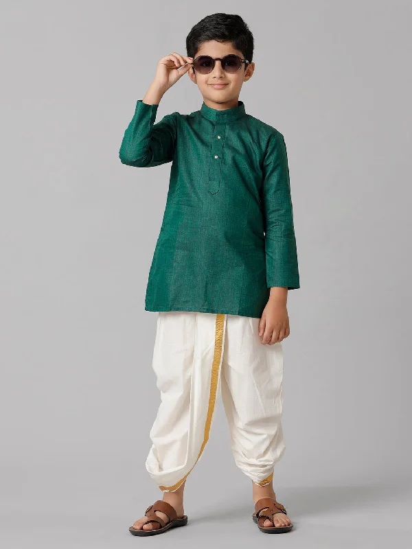 Boys Dark Green Kurta with Cream Elastic Panchakacham Combo FS5