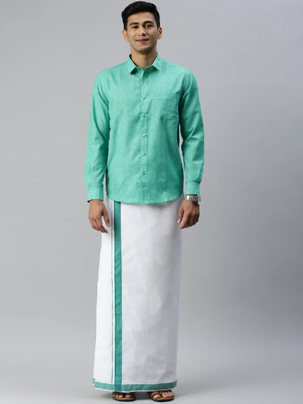 Men Matching Border Adjustable Dhoti & Full Sleeves Shirt Set Green CC7