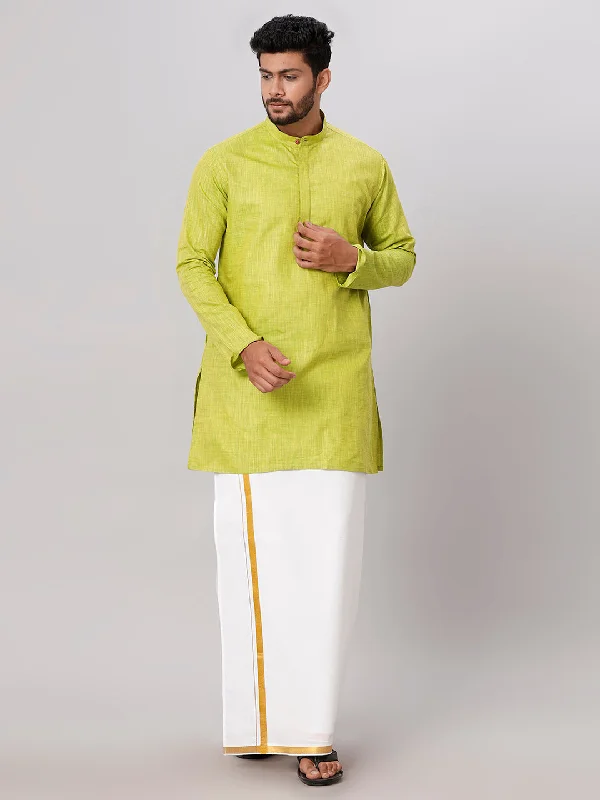 Men Parrot Green Medium Length Kurta with 3/4" inch Gold Jari White Dhoti Set FS2