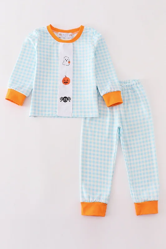 Blue halloween ghost pumpkin embroidery boy set