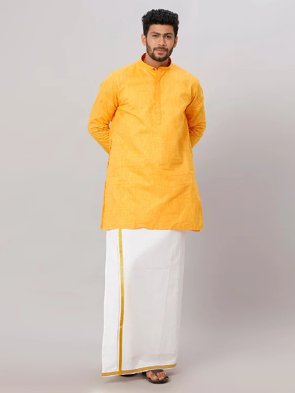 Men Yellow Medium Length Kurta with 3/4" inch Gold Jari White Dhoti Set FS1