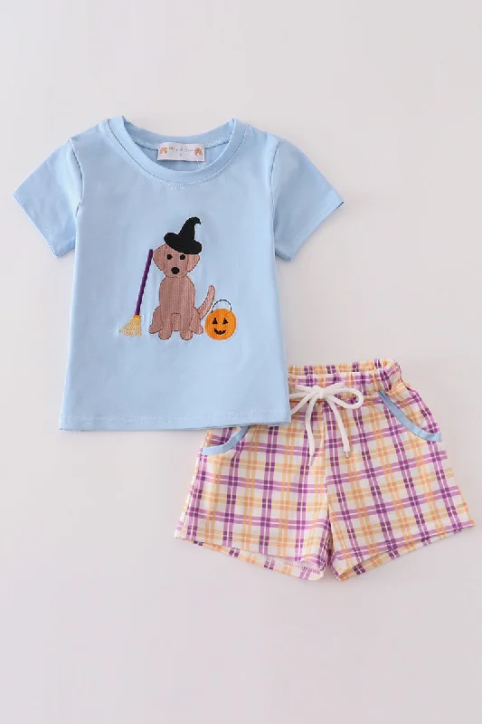 Blue halloween witch dog embroidery boy shorts set