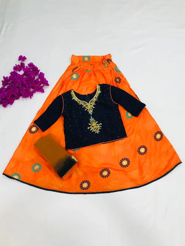 Attractive Party Wear Dark Blue Embroidered Lehenga Choli For Girls