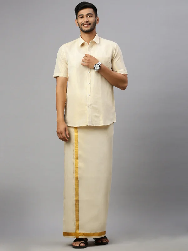 Men Gold Tissue Half Sleeve Shirt with Matching Readymade Single Dhoti Combo