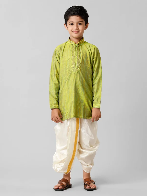 Boys Parrot Green Kurta with Cream Art Silk Panchakacham Combo EMD5