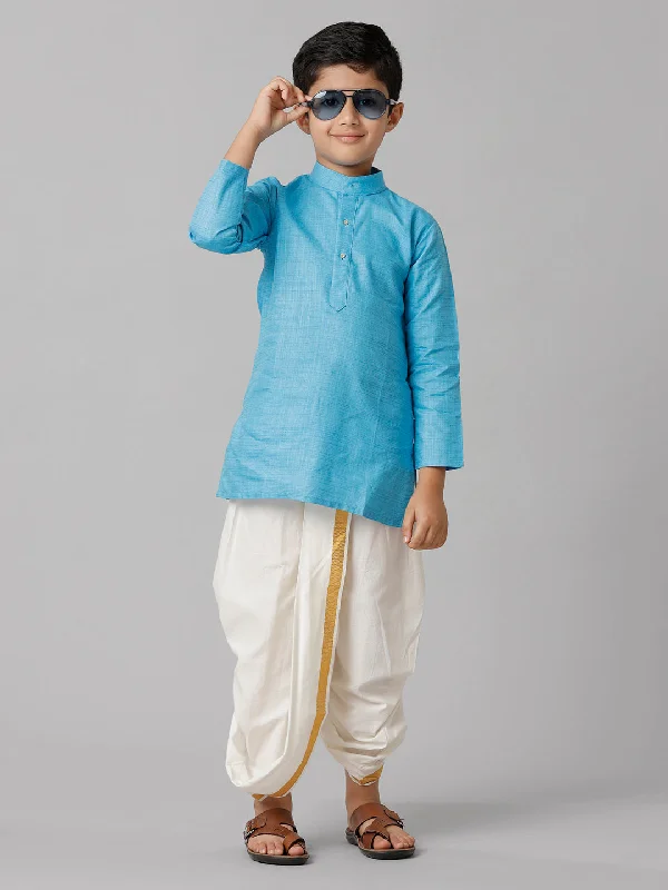 Boys Sky Blue Kurta with Cream Elastic Panchakacham Combo FS4