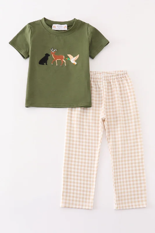 Gingham hunting embroidery boy set