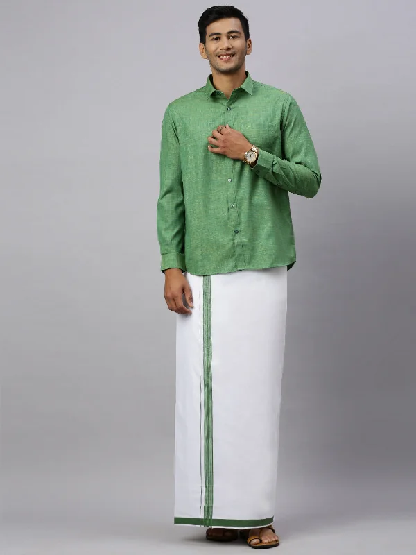 Men Evolution Green Matching Border Dhoti & Full Sleeves Shirt Set