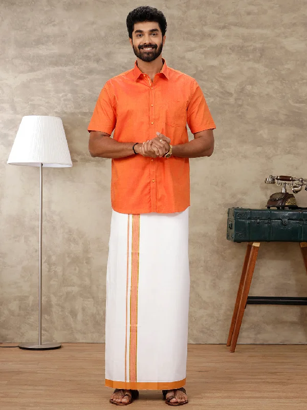 Men Cotton Matching Border Dhoti & Half Sleeves Shirt Orange Set GL1