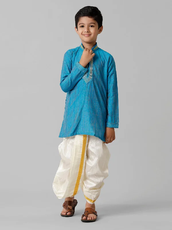 Boys Sky Blue Kurta with Cream Art Silk Panchakacham Combo EMD2