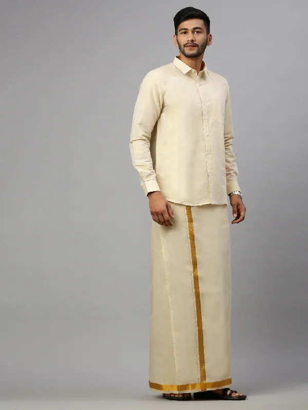 Men Gold Tissue Full Sleeve Shirt with Matching Readymade Single Dhoti Combo