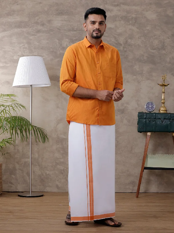 Men Orange Matching Border Dhoti & Full Sleeves Shirt Set Evolution IC1