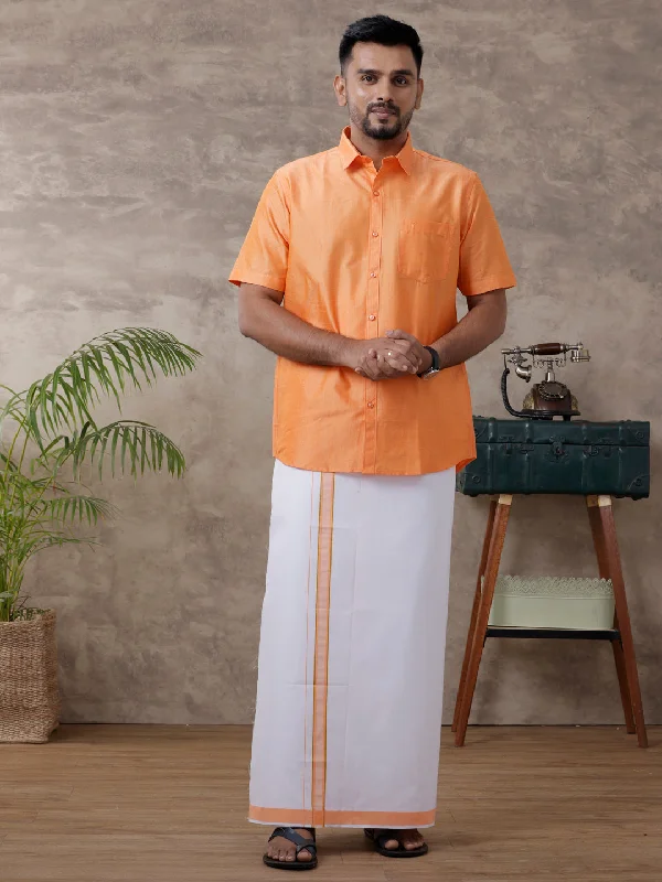 Men Matching Jari Border Dhoti & Shirt Set Half Orange VB4