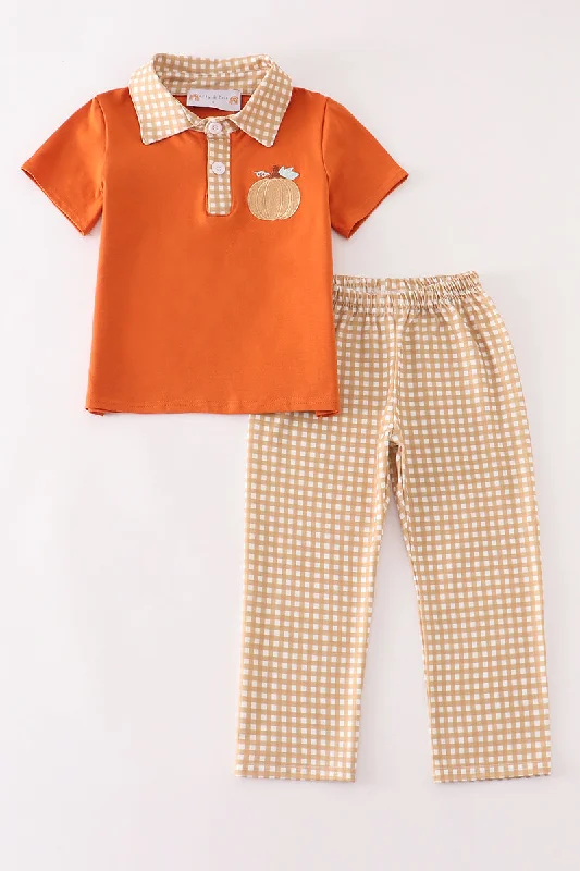 Brown pumpkin embroidery plaid boy set