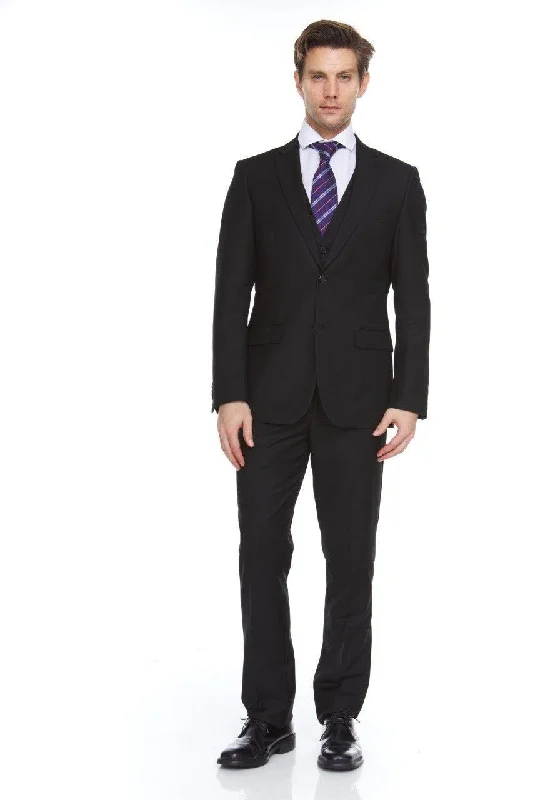 Ferera Collection-Men's 3 Piece Modern Fit Suit Solid Black