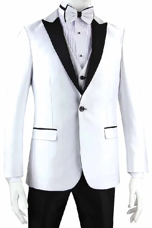 White Tuxedo Slim Fit with Black Peak Lapel & Black Pants