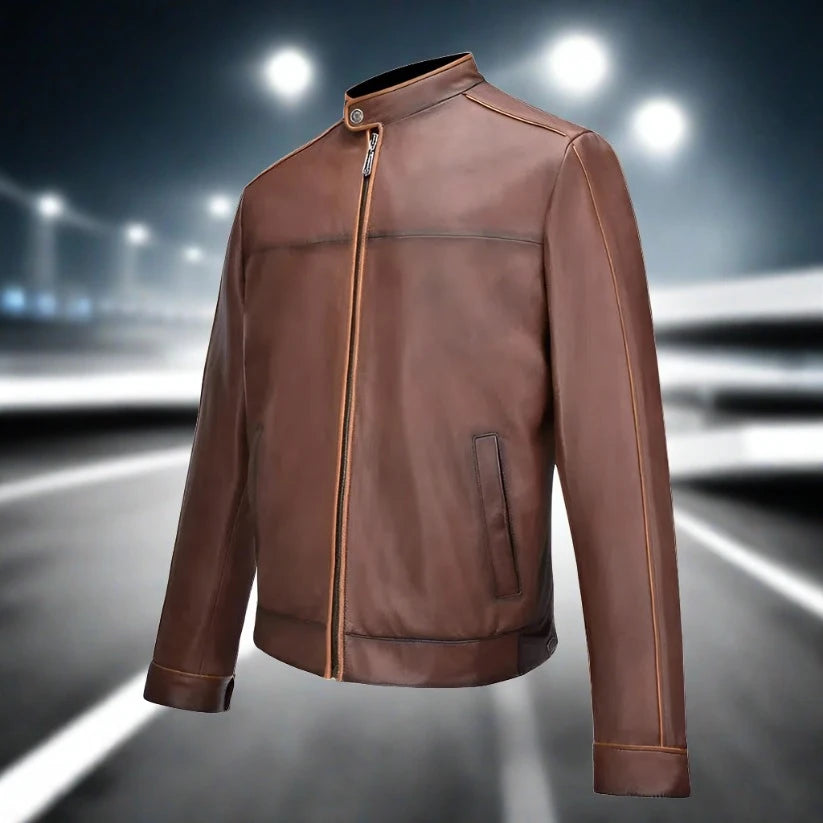 H269COC - Cuadra brown casual fashion lambskin leather racer jacket for men