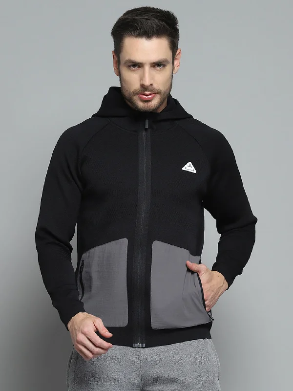 Men Black Self Design Hooded Full Sleeve Pullover