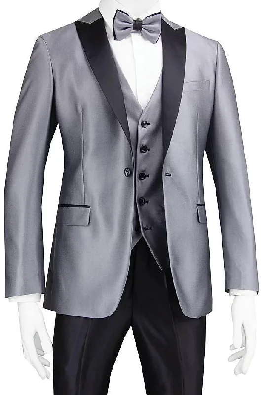 Silver Tuxedo Slim Fit with Black Peak Lapel & Black Pants