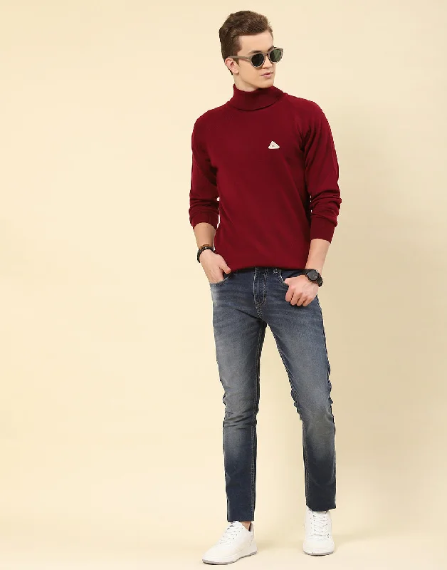 Men Red Solid High Neck Full Sleeve Pullover