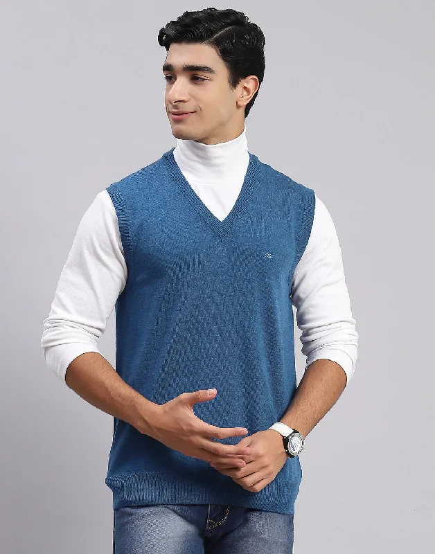 Men Blue Solid V Neck Sleeveless Sweater