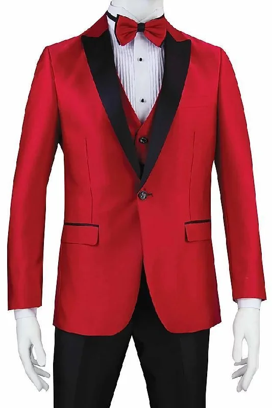 Red Tuxedo Slim Fit with Black Peak Lapel & Black Pants