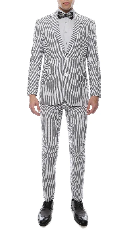 MEN'S 2PC SUMMER SEERSUCKER SLIM FIT SUIT IN BLACK PINSTRIPE