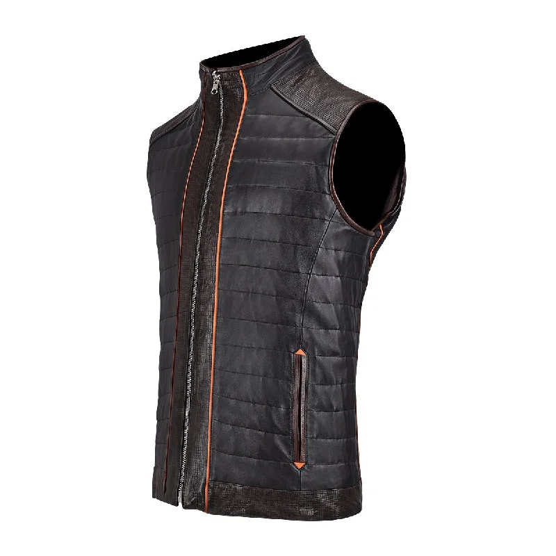 H294BOC - Cuadra black casual fashion racer sheepskin leather vest for men